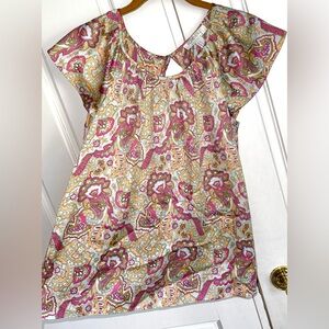 Forever 21 Essentials Floral Paisley Silky Flowy Top in Pink, Green, and Gold